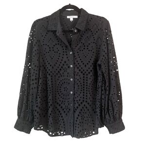 Chico’s Black Eyelet Bishop Sleeve Button Up Blouse US Size 10